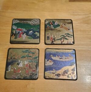 Set of Four Vintage Japanese Decorative Coasters with Scenic Art